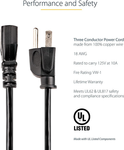 12Ft (3.6M) Computer Power Cord, NEMA 5-15P to C13, 10A 125V, 18AWG, Black Replacement AC Power Cord, Printer Power Cord, PC Power Supply Cable, Monitor Power Cable - UL Listed (PXT10112)