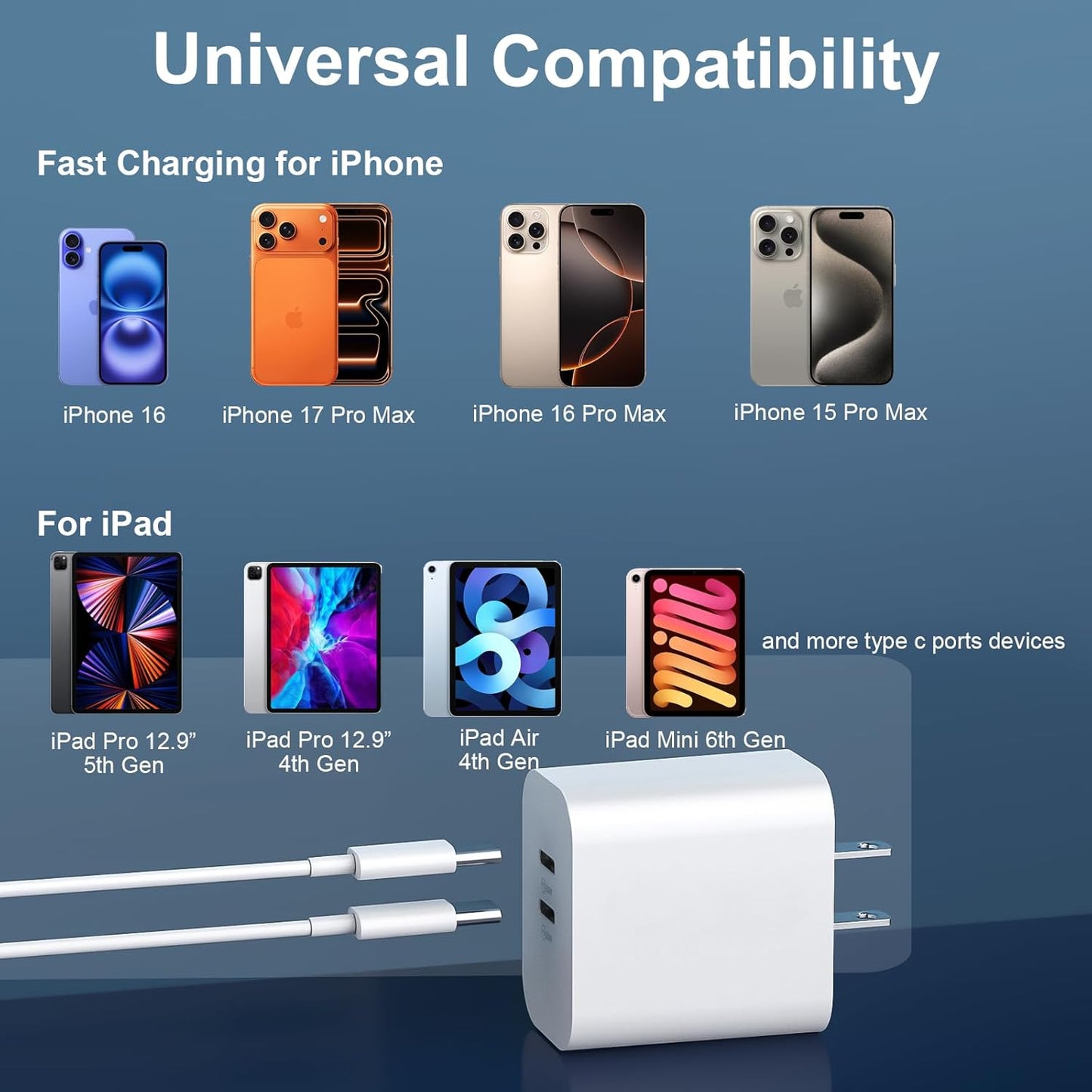 Iphone 15 Charger Fast Charging[Mfi Certified], 20W Dual Port USB C Fast Charger Block with 10FT Long USB C to C Charging Cable Cord for Iphone 15 Pro Max/15 Pro/15/15 Plus,Ipad Pro 12.9"/11",Ipad Air